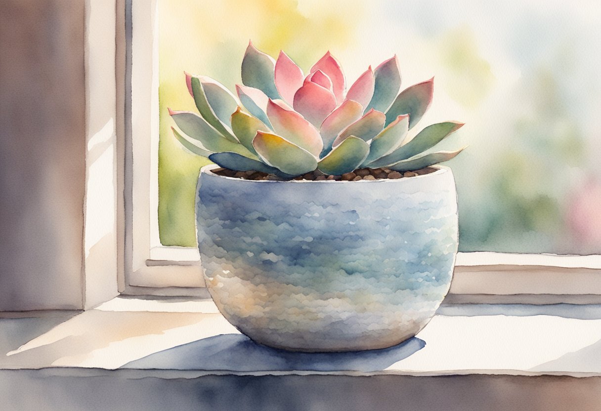 A small pink succulent plant in a textured ceramic pot on a sunny windowsill