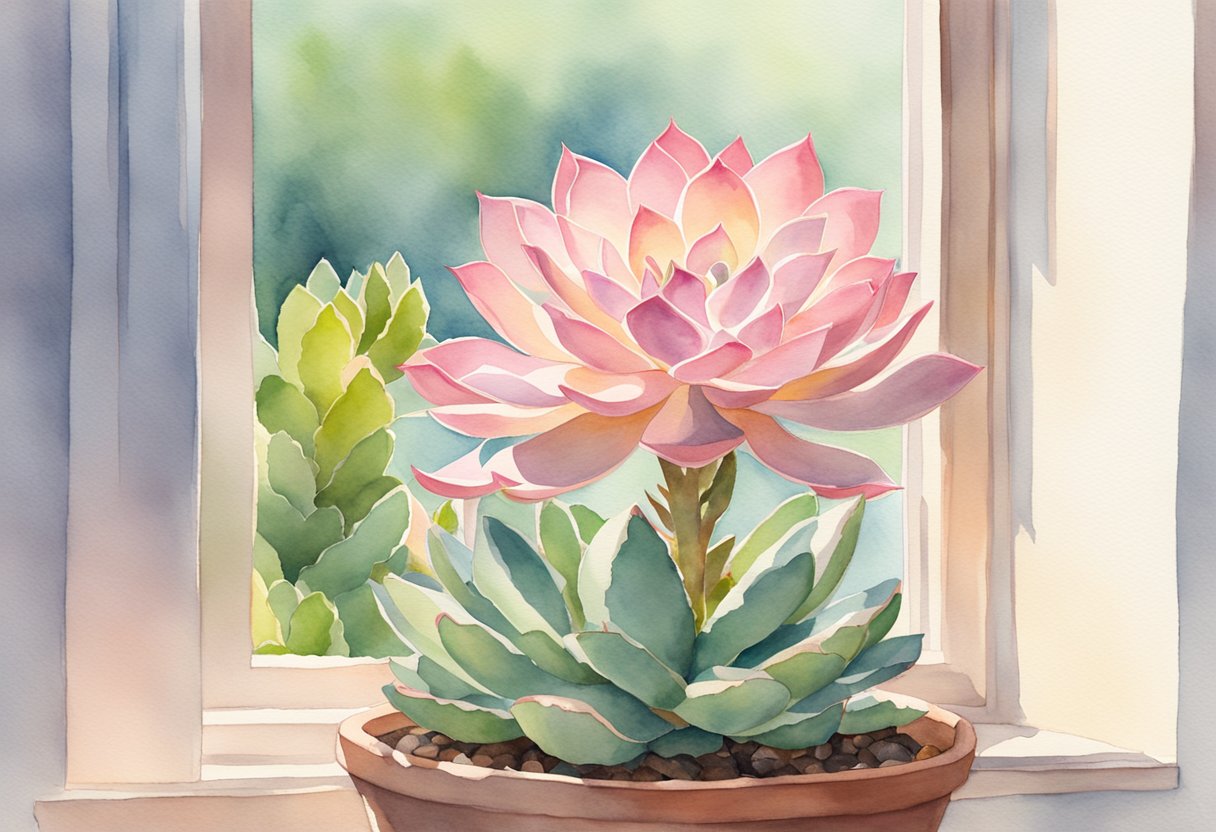 A pink succulent plant being watered and pruned in a sunny window