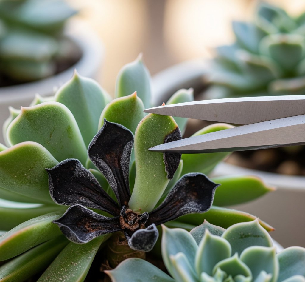 removing frost-damaged leaves of a succulent