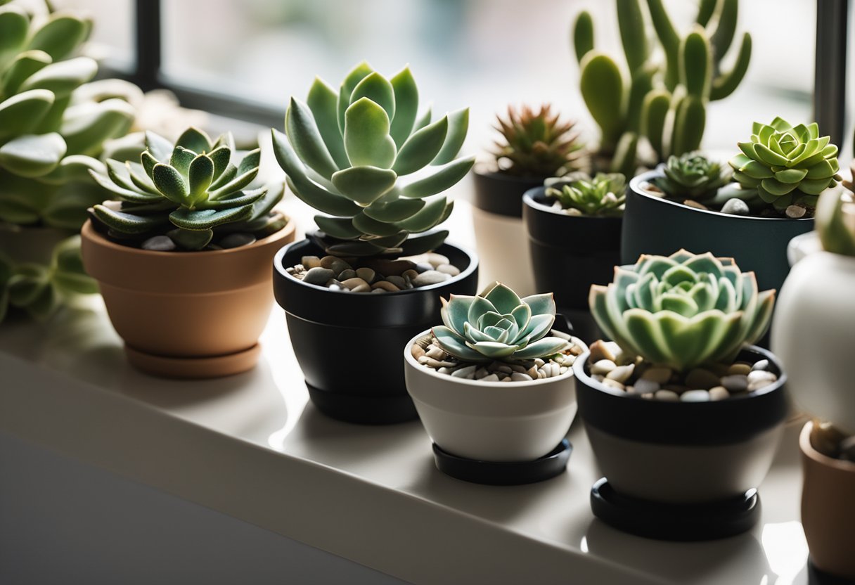 A variety of succulent plants in different pots, placed on a sunny windowsill with pebbles at the base for drainage