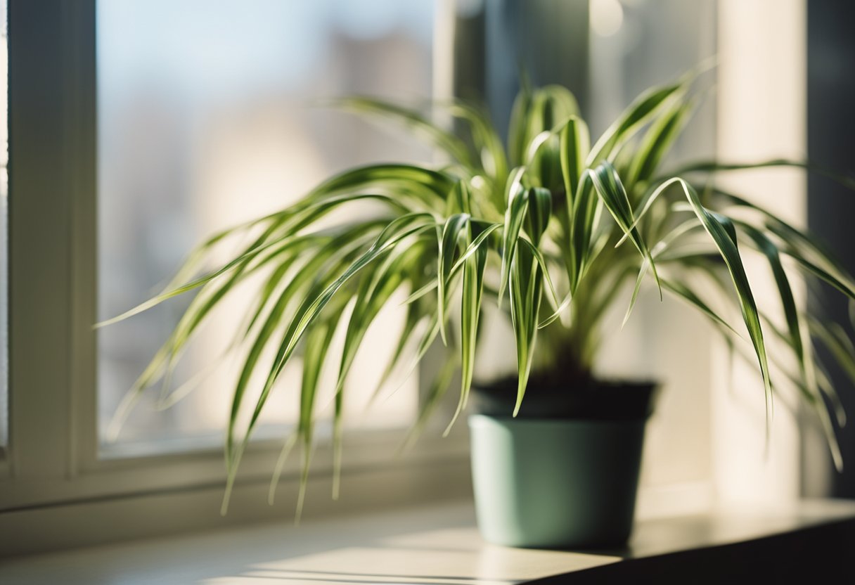 A spider plant sits on a windowsill, basking in the bright, indirect sunlight filtering through the glass. The plant's leaves reach out towards the light, thriving in its warm glow