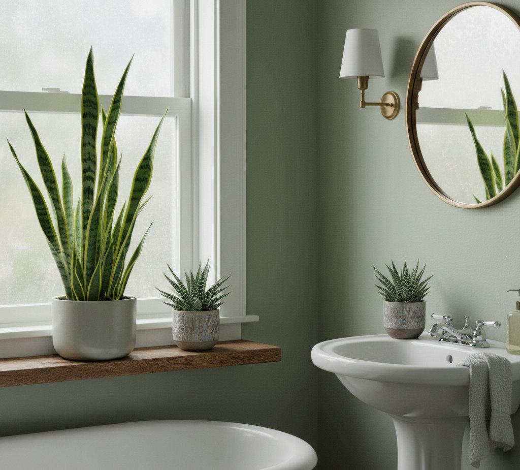 snake plant and zebra plant in bathroom
