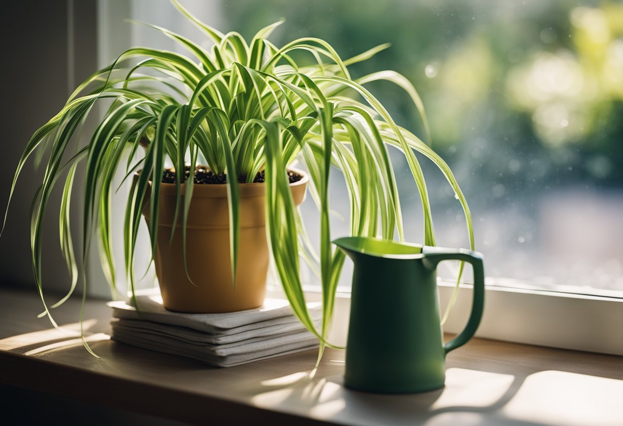 A spider plant sits on a sunny windowsill, basking in bright, indirect light. Nearby, a small table holds a watering can and a bag of fertilizer