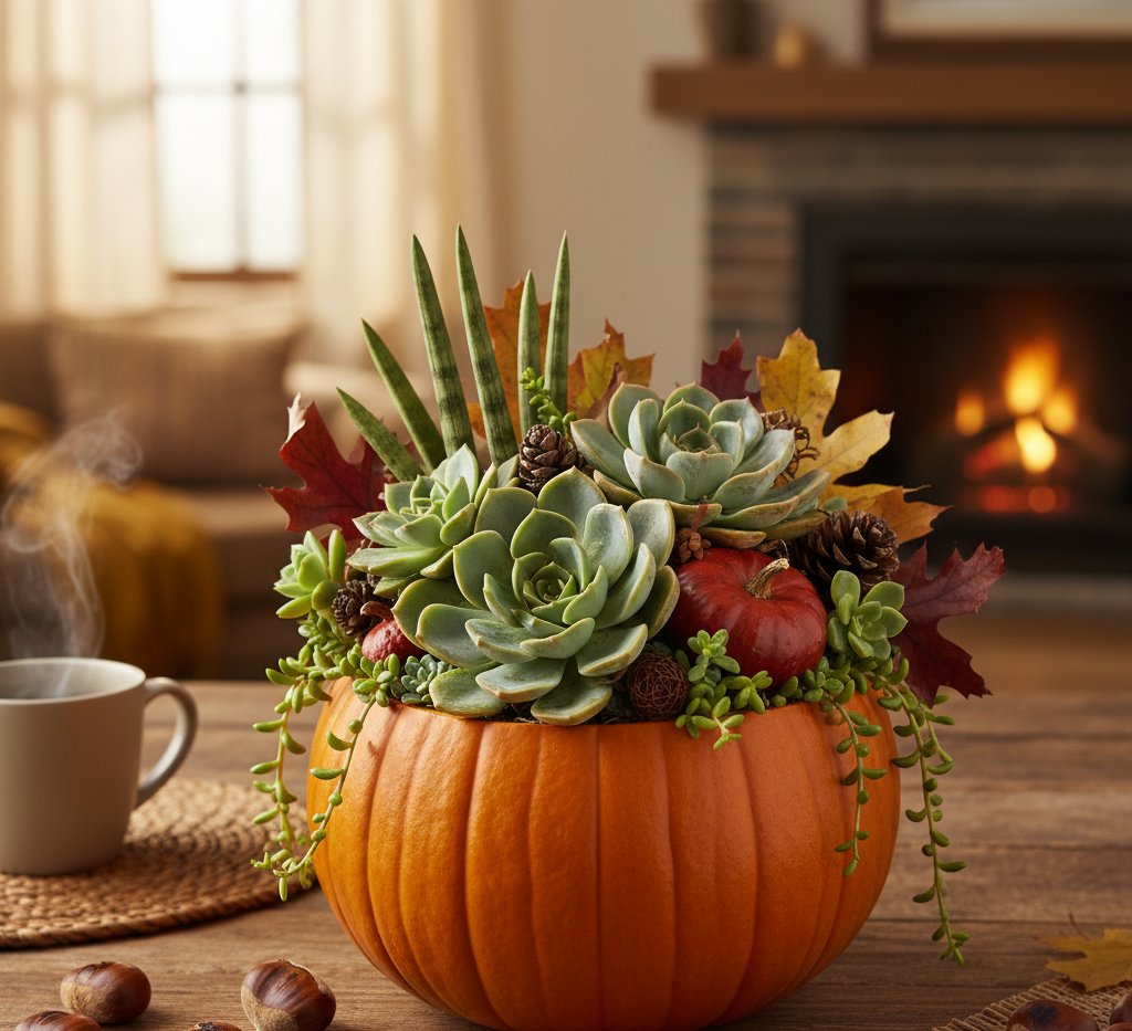 succulent centerpiece in pumpkin