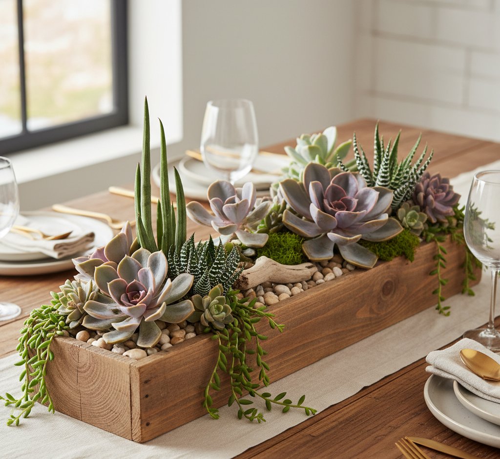 succulent centerpiece in wooden planter