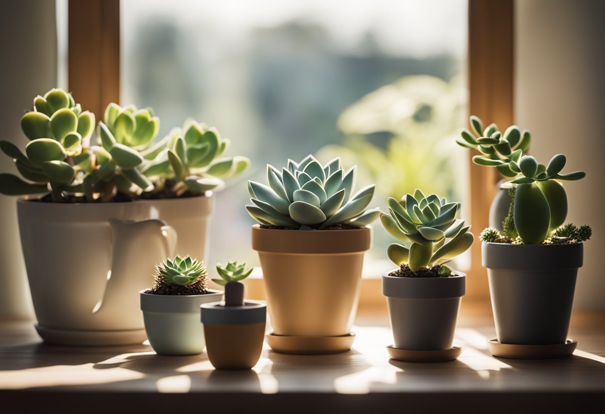 A variety of succulent plants arranged in different pots, with sunlight streaming in through a nearby window, and a watering can nearby