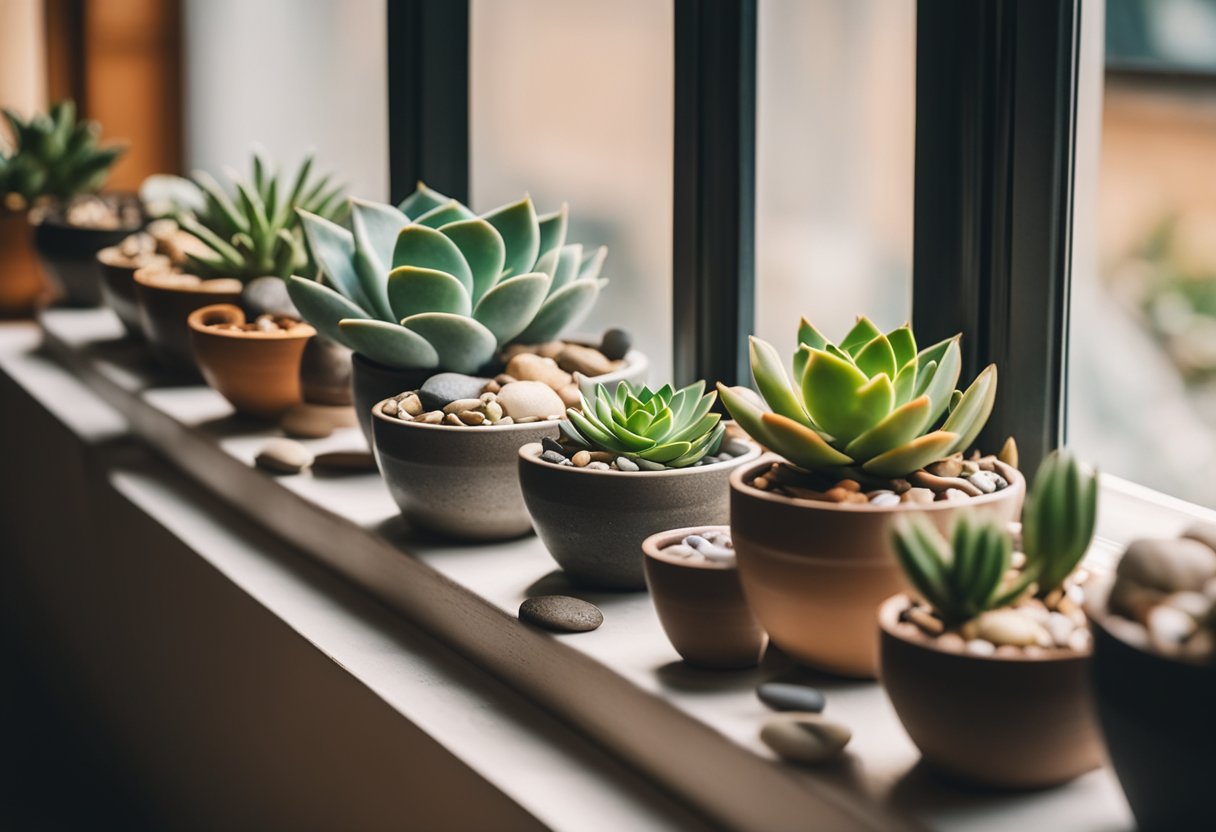 A sunny windowsill with a variety of small, colorful succulent plants in different shaped pots, surrounded by a few decorative rocks and pebbles