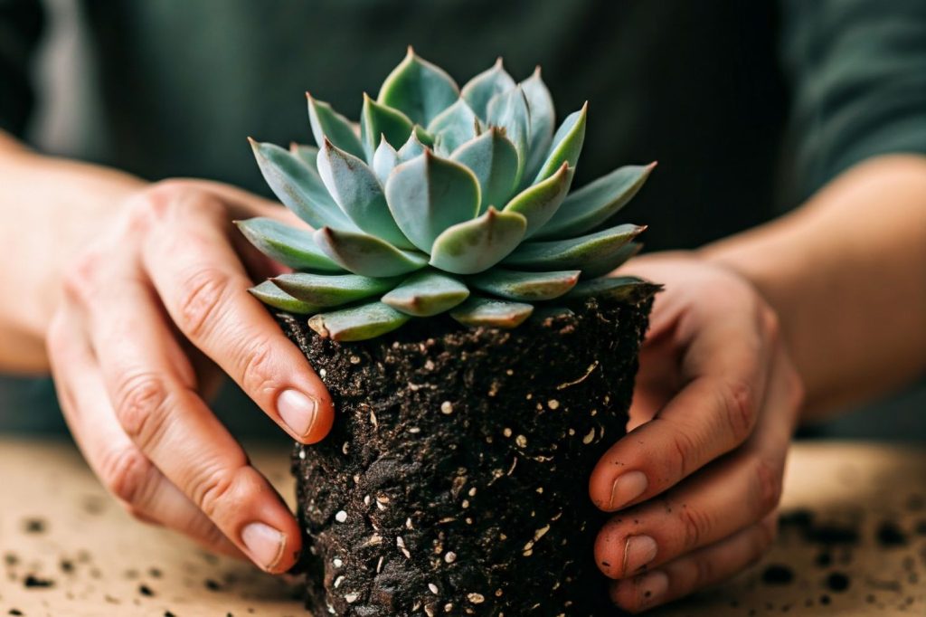 succulent removed from pot to replant