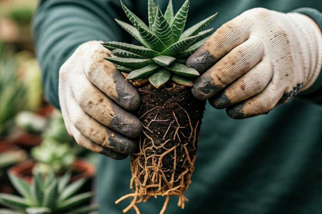 a person inspecting the root of a succulent