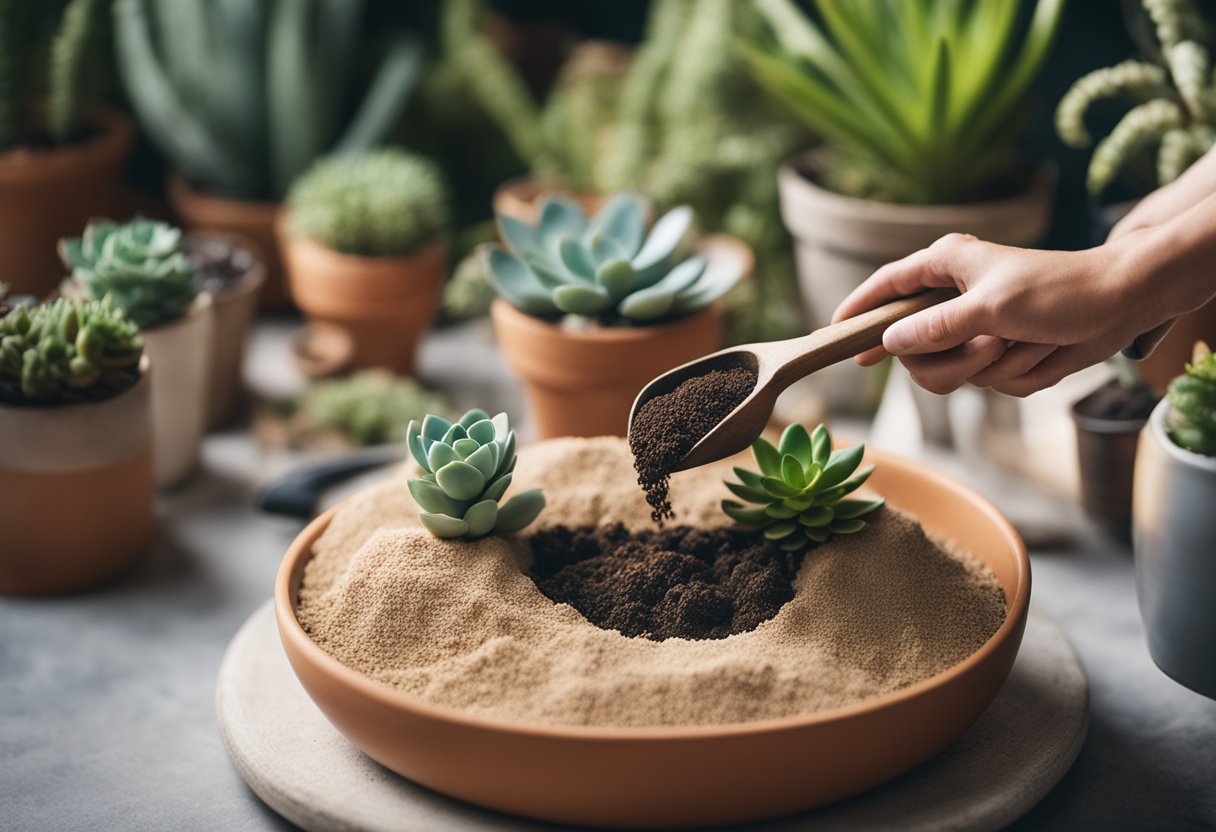 A hand pouring a mix of sand, perlite, and well-draining soil into a pot, surrounded by succulent plants and gardening tools