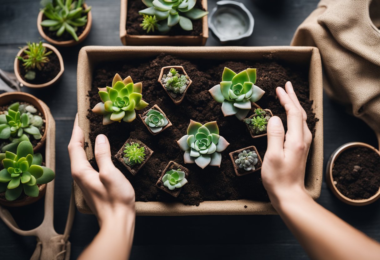 A pair of hands carefully repotting a succulent into fresh soil in a new, larger planter, surrounded by gardening tools and a bag of soil