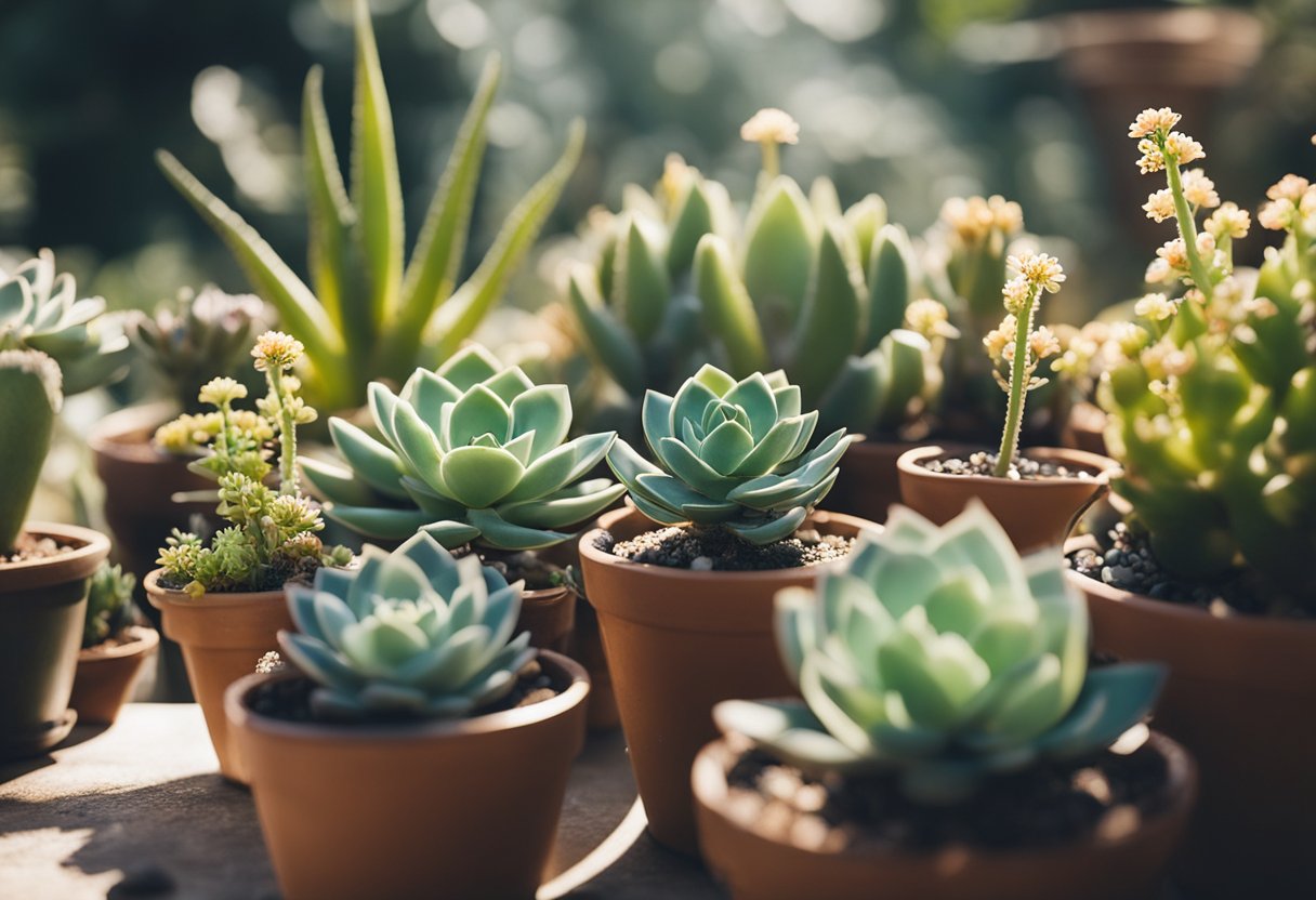 A variety of succulents in different stages of blooming, surrounded by sunlight and small insects, with a watering can nearby