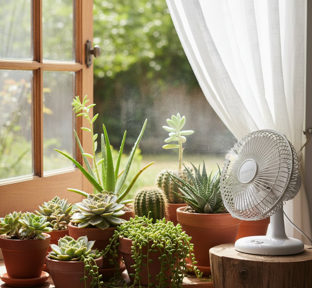 succulents with fan and open window