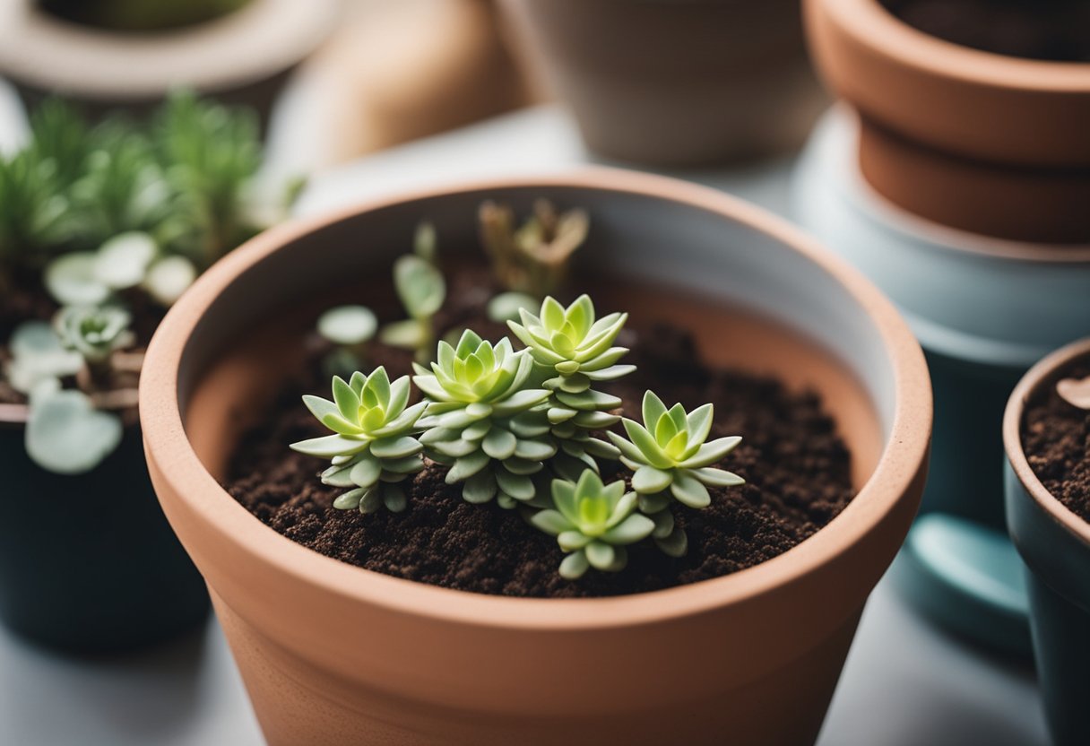 A small terracotta pot filled with dry potting soil, ready for planting succulent plants