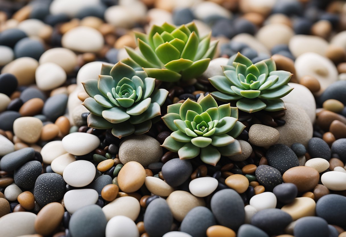 A variety of small succulents arranged in a decorative pot, surrounded by colorful pebbles and set against a backdrop of smooth, white stones