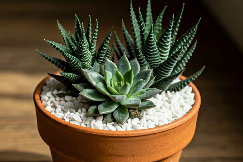 succulents planted in a pot with white pebbles as top dressing