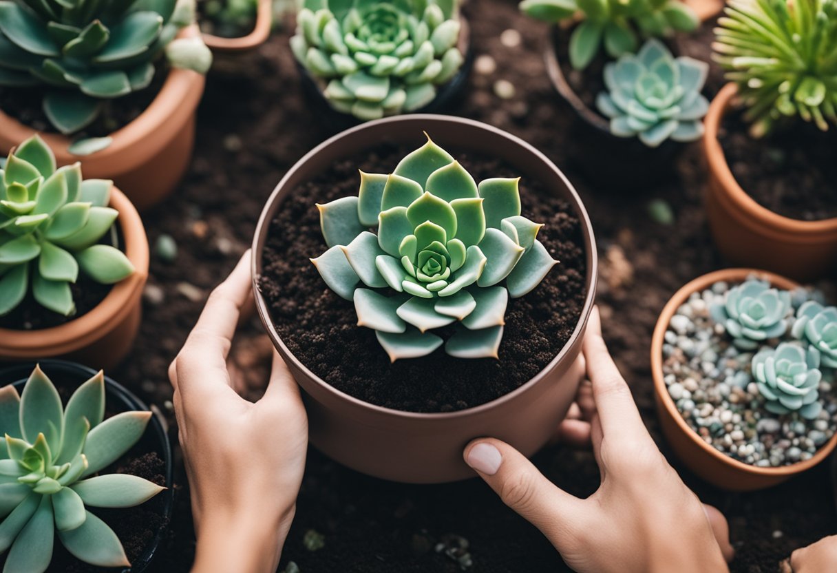 A pair of hands gently placing a succulent into a pot filled with soil, surrounded by various gardening tools and other potted succulents