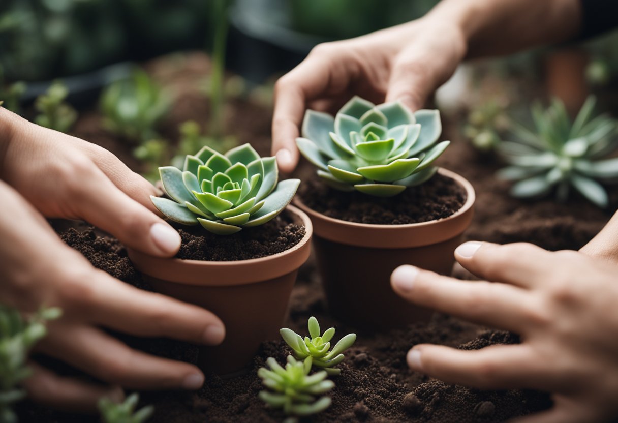 A pair of hands gently placing a succulent into a small pot filled with soil, carefully patting down the dirt around the base of the plant