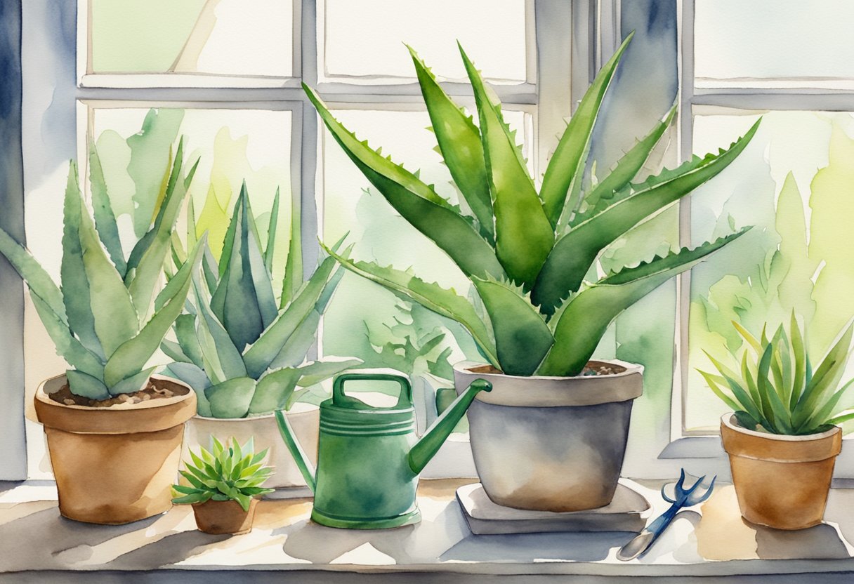 Aloe vera plant sits on a sunny windowsill, surrounded by small gardening tools and a watering can. The plant is thriving, with vibrant green leaves and a few smaller shoots growing alongside it