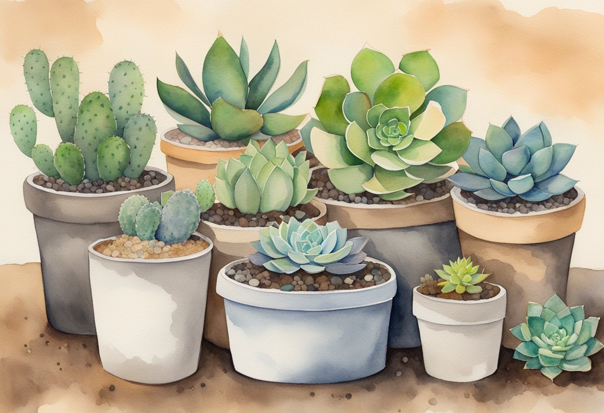 A variety of succulents arranged in different types of soil, including sandy, well-draining mix, and cactus potting mix, with labeled containers nearby