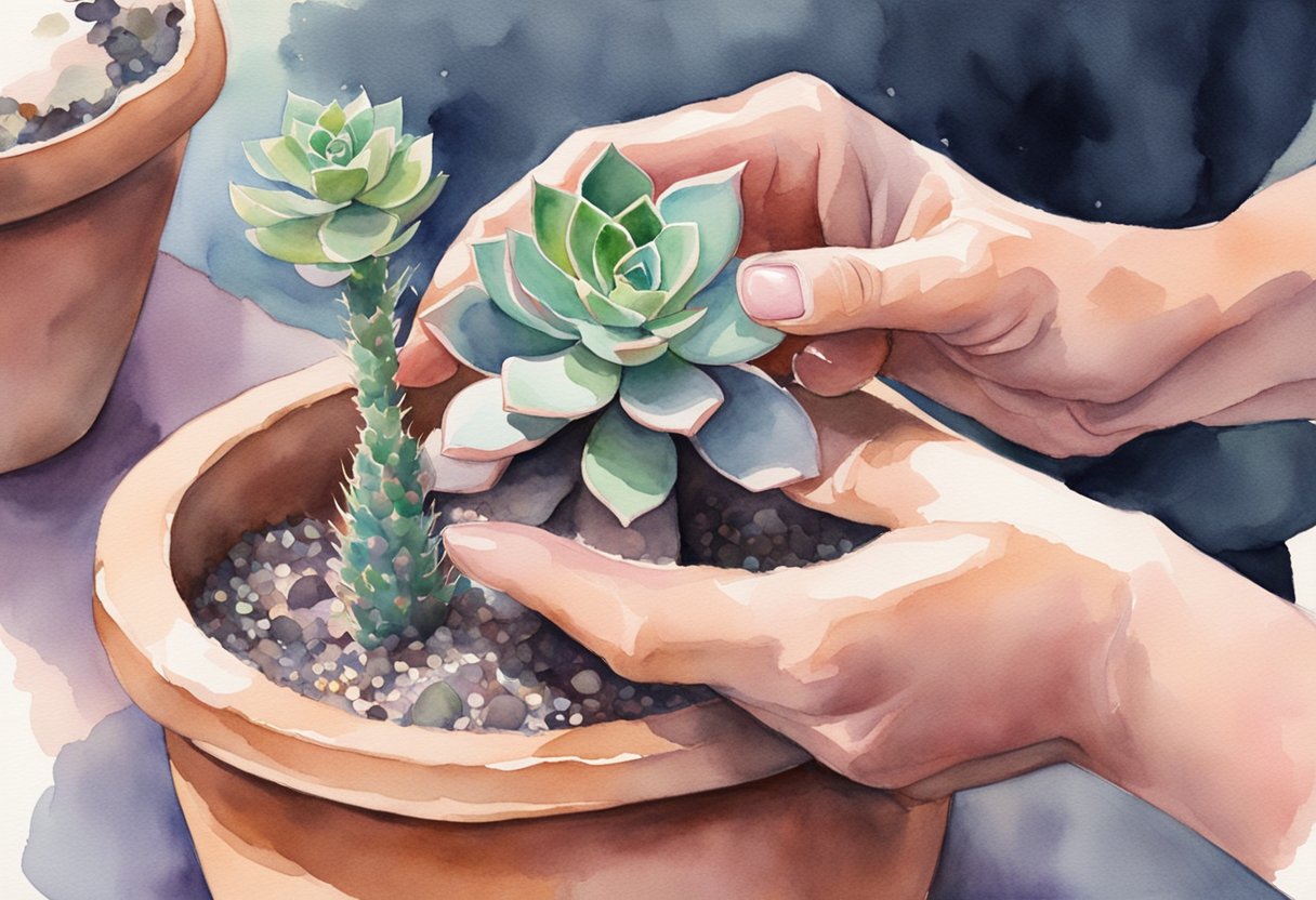 A pair of hands gently repotting a pink succulent into a new ceramic pot