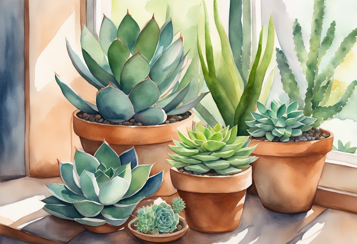 Various succulent plants arranged in a terracotta pot, including echeveria, aloe, and haworthia. Sunlight filters through a nearby window, casting soft shadows on the vibrant green leaves