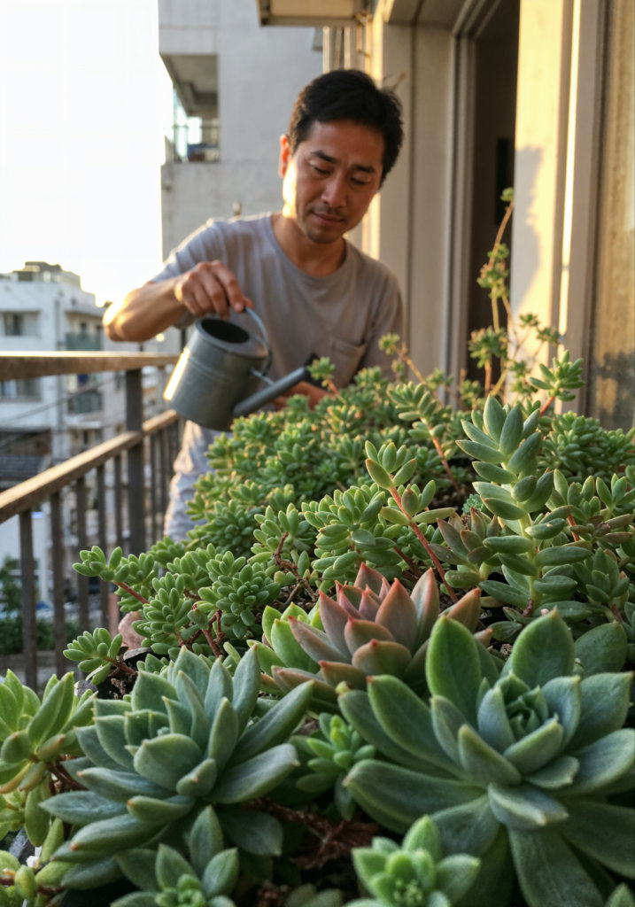 watering succulents on a balcony