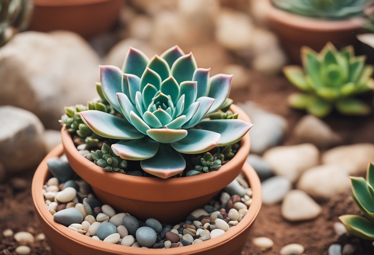 A vibrant echeveria plant blooms in a terracotta pot, surrounded by sunlight and small pebbles